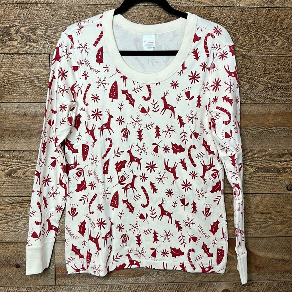 Hanna Andersson Holiday Print pajama Top Ivory Scandicane Scoop Neck Size Large